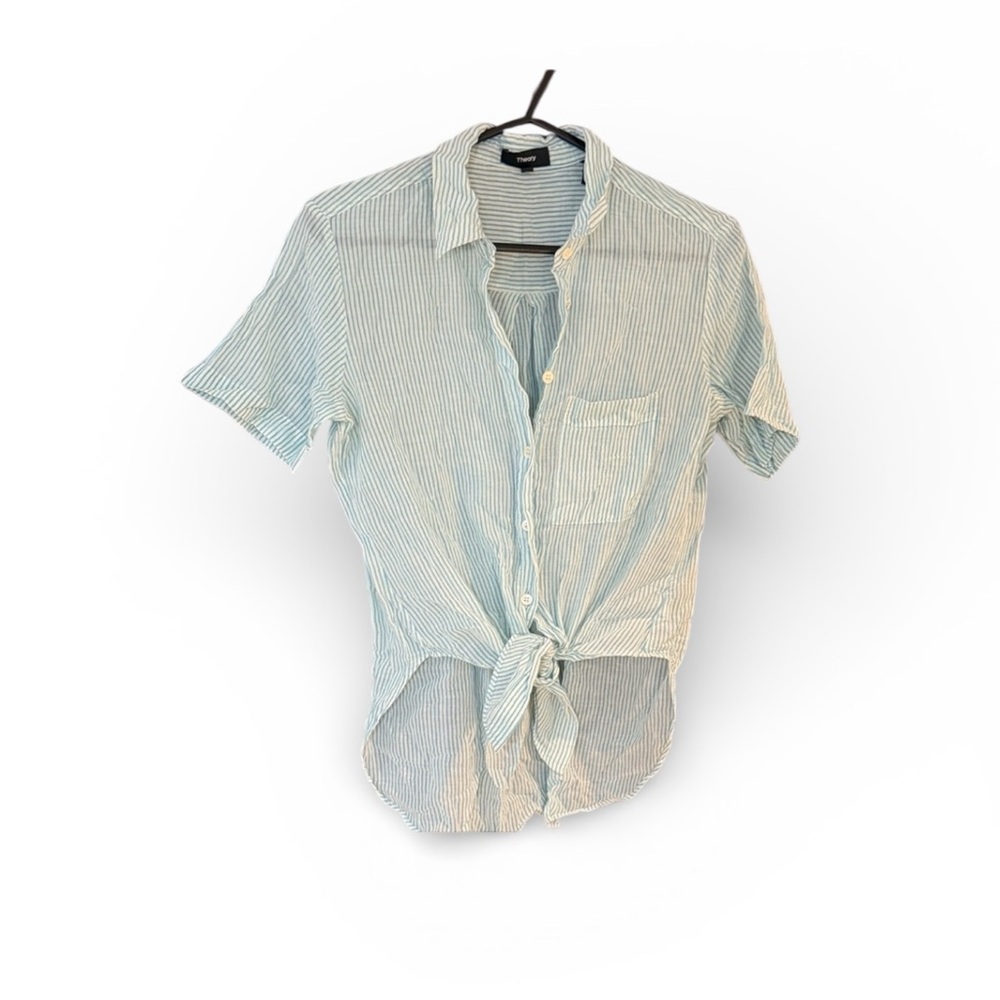 💋Theory Women’s Striped Tie-Waist Shirt light teal- blue /white Size Small